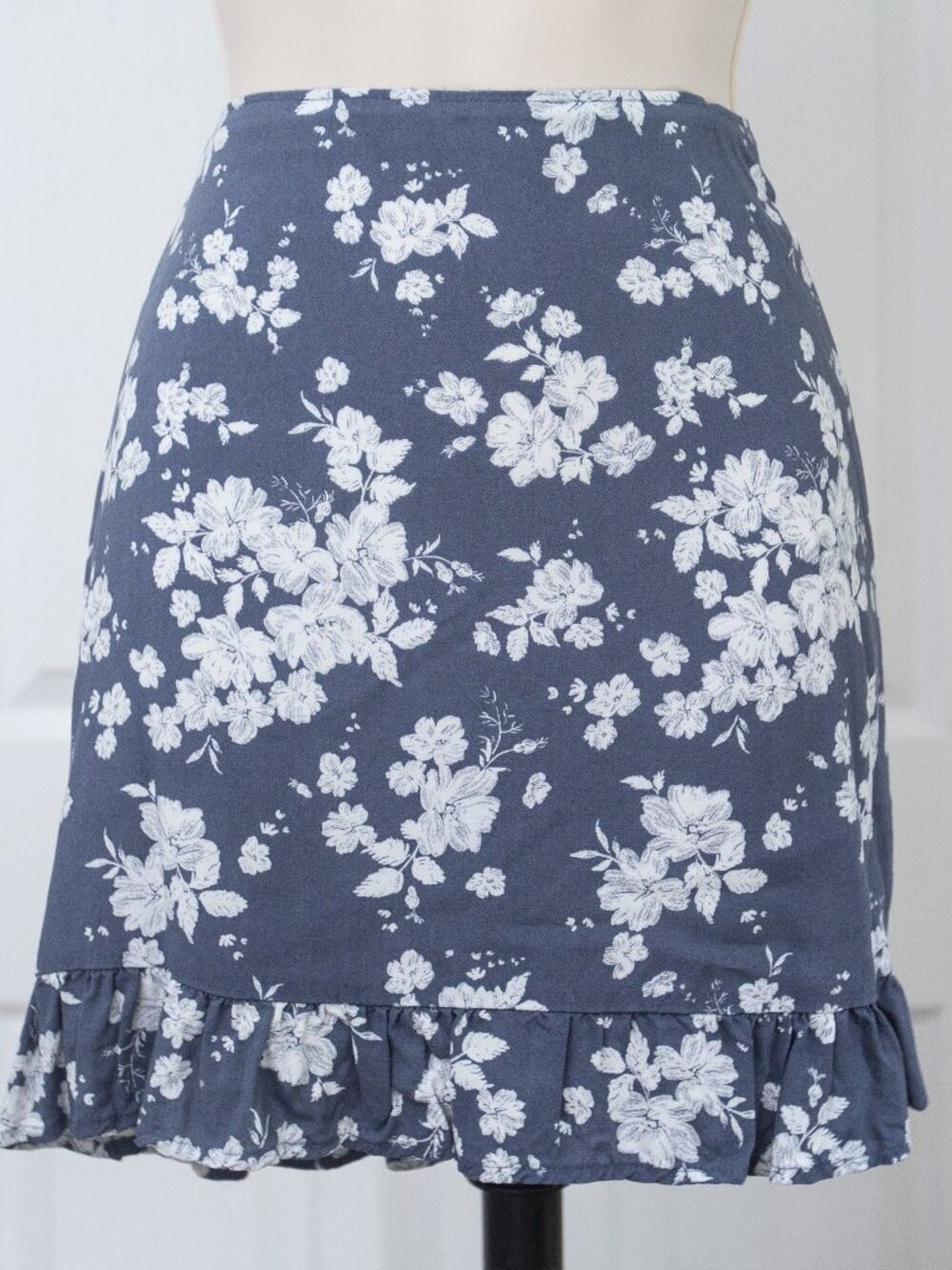 Slate Blue Floral Ruffle Hem Mini Skirt
